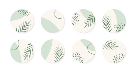 Vector highlight story cover icons for instagram. Abstract circle organic green backgrounds with palm leaves for social media stories