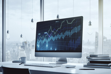 Modern computer display with abstract financial graph, financial and trading concept. 3D Rendering