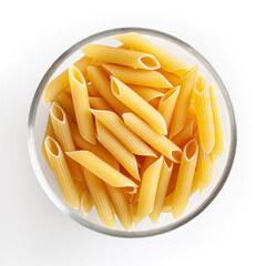Uncooked penne pasta in glass bowl isolated on white background with clipping path
