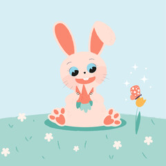 Pencil drawing of a white rabbit with a bouquet of carrots and butterflies around