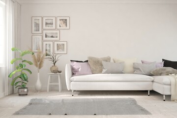 White living room with sofa. Scandinavian interior design. 3D illustration