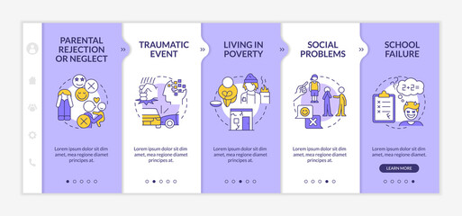 Conduct disorder risk factors purple and white onboarding template. Responsive mobile website with linear concept icons. Web page walkthrough 5 step screens. Lato-Bold, Regular fonts used