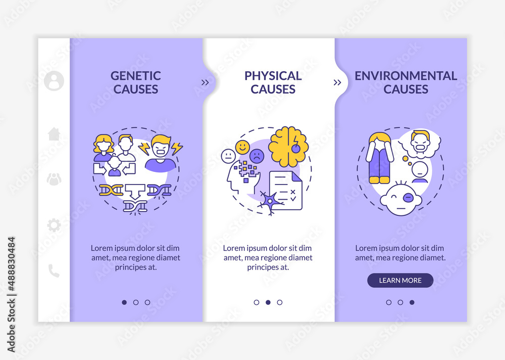Poster conduct disorder causes purple and white onboarding template. responsive mobile website with linear 