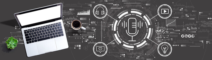 Podcast theme with a laptop computer on a desk