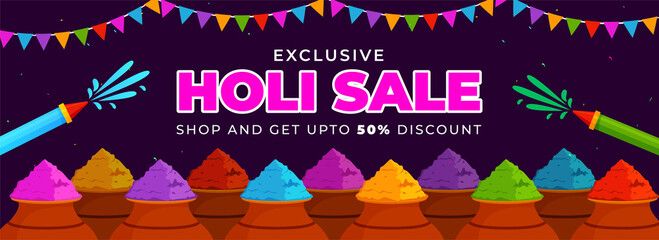 Colorful Holi Festival Banner or cover design with dry colors and water guns