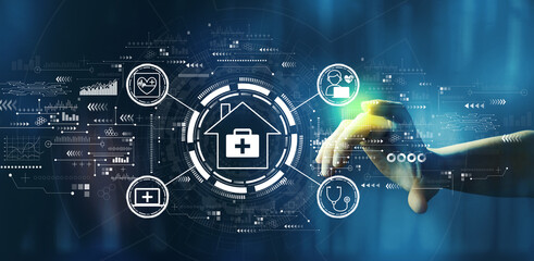 Telehealth theme with hand pressing a button on a technology screen