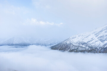 Fog and clouds on mountain. High mountain in mist and cloud