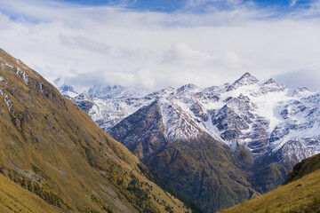 Breathtaking panorama of morning wild nature high in mountains