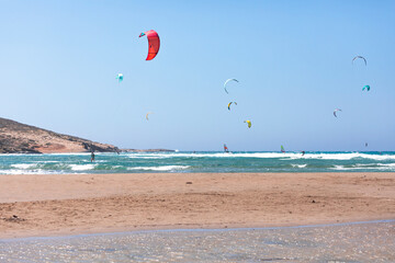 Kitesurfing near Prasonisi on the island of Rhodes in Greece