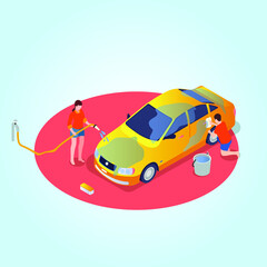 Couple washing car isometric 3d vector concept for banner, website, illustration, landing page, flyer, etc.