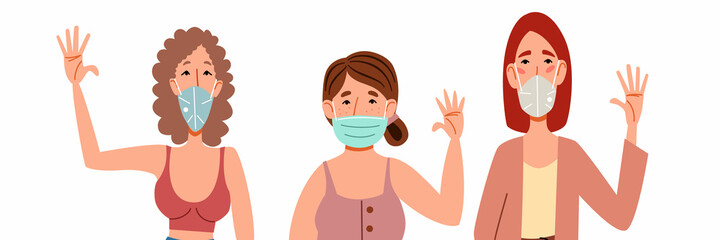 Fashionable women in medical masks say hello. A set of flat vector illustrations with a gesture of greeting people.