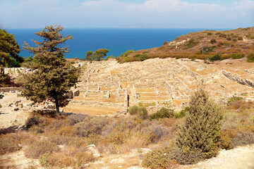 Fototapeta na wymiar Ruins of Hellenistic houses and doric temple in ancient Kamiros archeological site Rhodes Greece