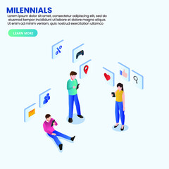 Milennials addicted to mobile phone isometric 3d vector concept for banner, website, illustration, landing page, flyer, etc.