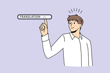 Translation online technologies button concept. Young man worker choosing translation in search bar on virtual screen language transcription internet networking vector illustration 