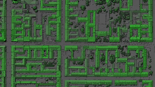 Digital elevation model. GIS product made after proccesing aerial pictures taken from a drone. It shows city urban area with roads and suburbs	
