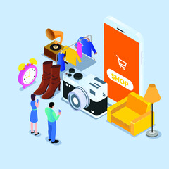 Online used market isometric 3d vector concept for banner, website, illustration, landing page, flyer, etc.