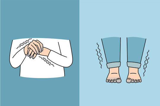 Sensitivity to cold and shaking concept. Human hands fingers and legs feet shaking from cold and having blue color sensitive to weather vector illustration 