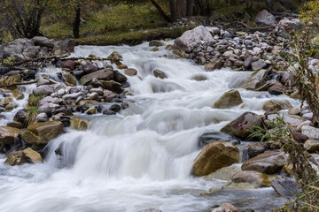 Mountain waterfall in the forest. Waterfall view. Waterfall in mountains. Waterfall pool