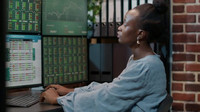 Hedge fund trader thinking about forex exchange sales growth, analyzing stock market statistics on multiple monitors. Trade share investment numbers to buy and sell capital money.