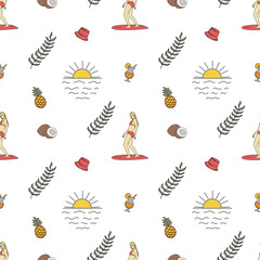 Hand drawn vector seamless pattern. Surfer woman, sun, coconuts and leaves.
