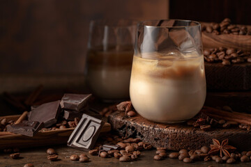 Cream and coffee cocktail in glasses with ice.