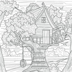 Tree house.Scenery.Coloring book antistress for children and adults. Illustration isolated on white background.Zen-tangle style. Hand draw