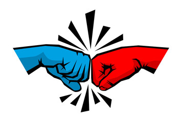 Greeting of two clenched fists of male hands. Comic cartoon poster in retro style. Vector on transparent background
