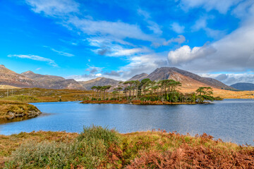 Landscape view At Pines Island and Twelve Bens, Derryclare Lough in County Galway Ireland