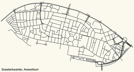 Detailed navigation black lines urban street roads map of the SOESTERKWARTIER DISTRICT of the Dutch regional capital city Amersfoort, Netherlands on vintage beige background