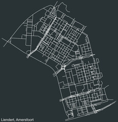 Detailed negative navigation white lines urban street roads map of the LIENDERT DISTRICT of the Dutch regional capital city Amersfoort, Netherlands on dark gray background