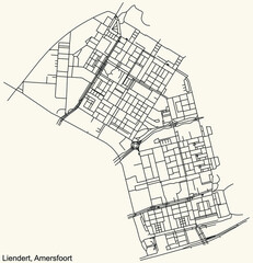 Detailed navigation black lines urban street roads map of the LIENDERT DISTRICT of the Dutch regional capital city Amersfoort, Netherlands on vintage beige background