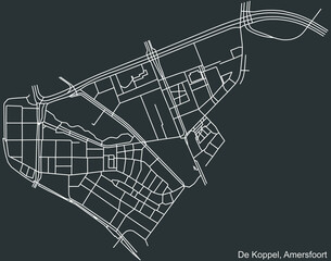 Detailed negative navigation white lines urban street roads map of the DE KOPPEL DISTRICT of the Dutch regional capital city Amersfoort, Netherlands on dark gray background