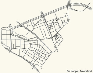 Detailed navigation black lines urban street roads map of the DE KOPPEL DISTRICT of the Dutch regional capital city Amersfoort, Netherlands on vintage beige background