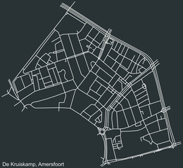Detailed negative navigation white lines urban street roads map of the DE KRUISKAMP DISTRICT of the Dutch regional capital city Amersfoort, Netherlands on dark gray background