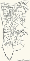Detailed navigation black lines urban street roads map of the HOOGLAND DISTRICT of the Dutch regional capital city Amersfoort, Netherlands on vintage beige background