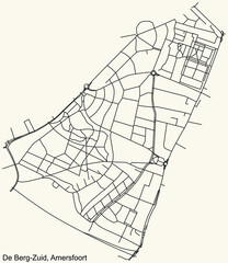Detailed navigation black lines urban street roads map of the DE BERG-ZUID DISTRICT of the Dutch regional capital city Amersfoort, Netherlands on vintage beige background