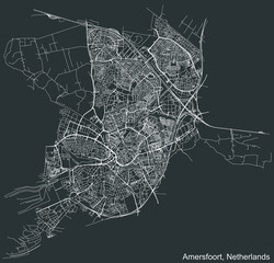 Detailed negative navigation white lines urban street roads map of the Dutch regional capital city of AMERSFOORT, NETHERLANDS on dark gray background
