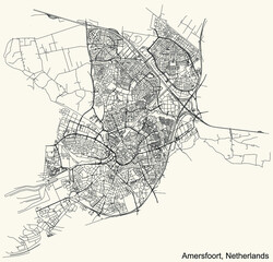 Detailed navigation black lines urban street roads map of the Dutch regional capital city of AMERSFOORT, NETHERLANDS on vintage beige background