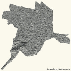 Topographic relief map of the city of AMERSFOORT, NETHERLANDS with black contour lines on vintage beige background