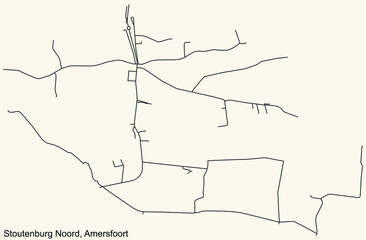 Detailed navigation black lines urban street roads map of the STOUTENBURG-NOORD DISTRICT of the Dutch regional capital city Amersfoort, Netherlands on vintage beige background