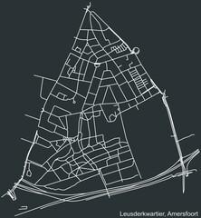 Detailed negative navigation white lines urban street roads map of the LEUSDERKWARTIER DISTRICT of the Dutch regional capital city Amersfoort, Netherlands on dark gray background