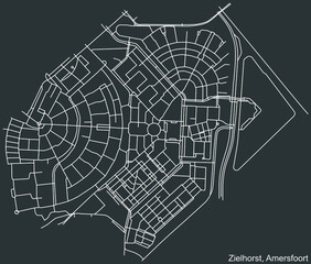 Detailed negative navigation white lines urban street roads map of the ZIELHORST DISTRICT of the Dutch regional capital city Amersfoort, Netherlands on dark gray background