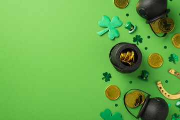 Top view photo of st patrick's day decorations pots with gold coins green trefoils leprechaun hats...