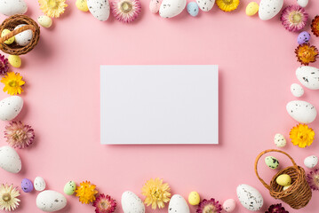 Top view photo of easter decorations paper sheet field flowers and easter baskets with eggs on isolated pastel pink background with blank space