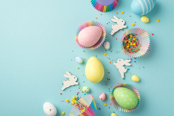 Top view photo of easter decor composition funny easter bunnies multicolored easter eggs in paper baking molds and confectionery topping on isolated pastel blue background with blank space