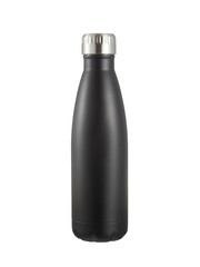 Stainless steel drink bottle isolated. Black thermos on white background..