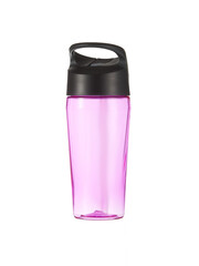 Pink sport plastic water bottle isolated on white background. Reusable water bottle.
