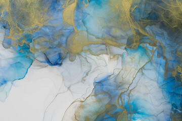 Rich bright abstract picture. Luxury abstract fluid art painting alcohol ink. Background blue aquamarine gold sparkles.