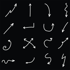 Hand Drawn White Arrow Set Collection On Black Background