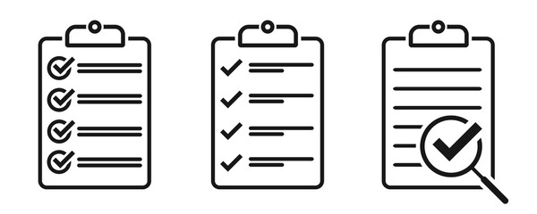 Clipboard icon. Checklist with checkmarks and magnifier. Quality check line sign. Check List flat line icon set.